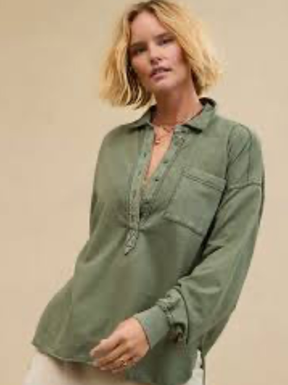 AERIE Take It Easy Popover Polo Sweatshirt Green Sz Medium Casual Lounge Relaxed